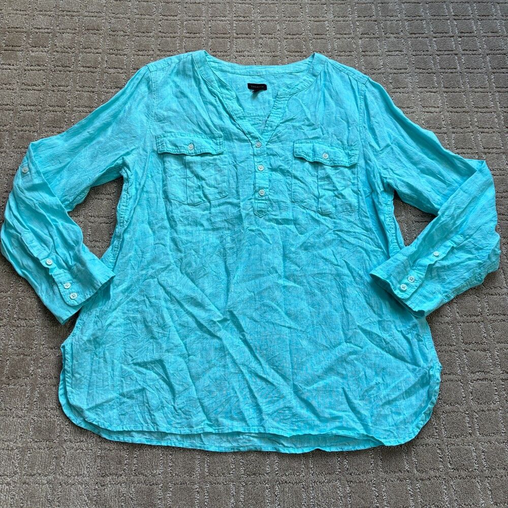 Talbots Linen Button Down Shirt Womens XL Aqua Blue Roll Tab Sleeve Casual Beach - Picture 1 of 6
